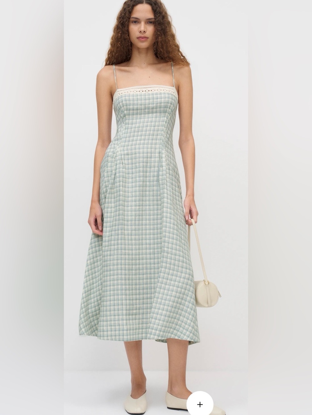 Reformation Mint Plaid Midi Slip Dress with Lace Trim